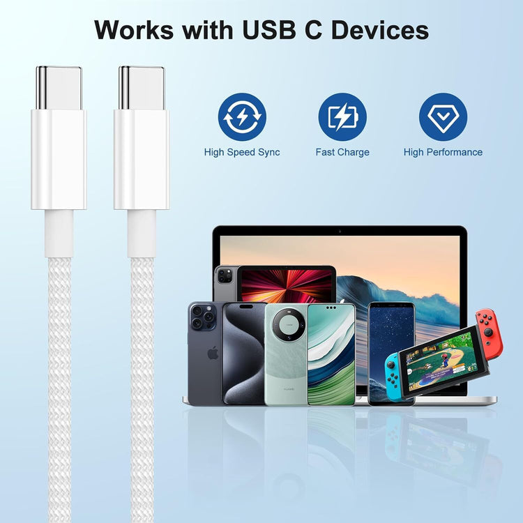 Nylon Ladekabel | USB C - USB C | Schnellladekabel | Weiß