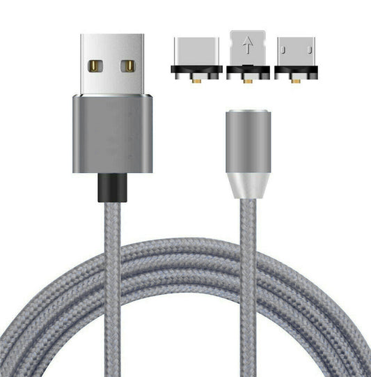 Nylon Ladekabel Magnet 3in1 | USB C | Micro USB  | Lightning | Silber