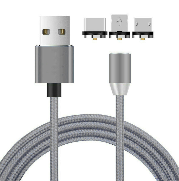 Nylon Ladekabel Magnet 3in1 | USB C | Micro USB | Lightning | Silber