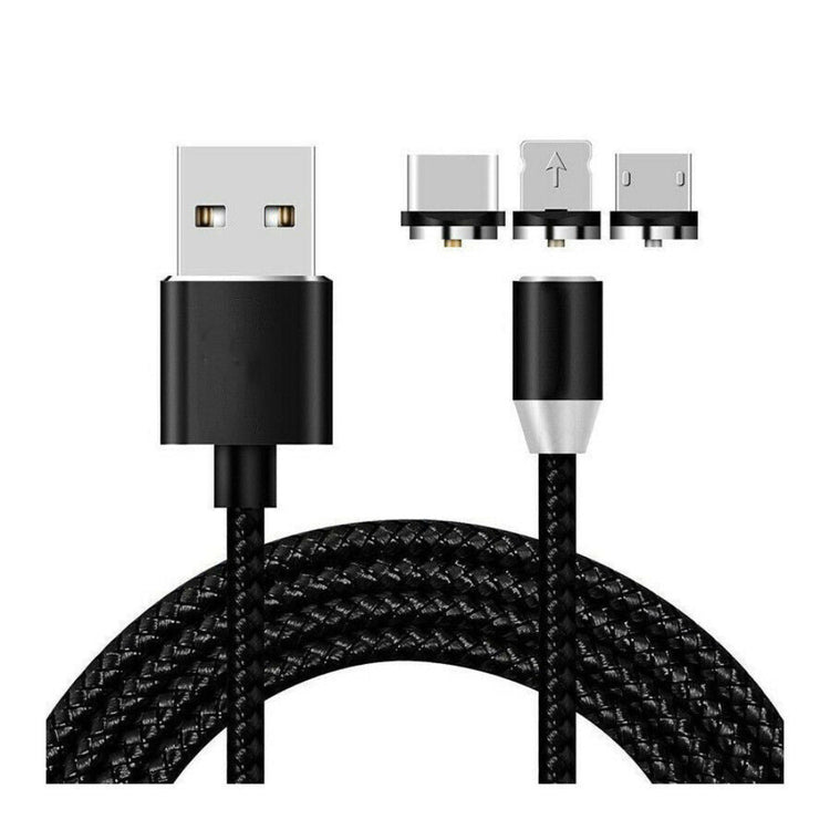 Nylon Ladekabel Magnet 3in1 | USB C | Micro USB | Lightning | Schwarz