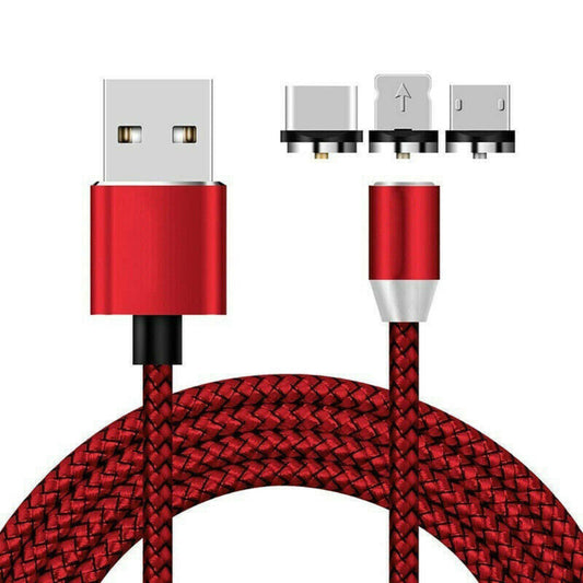 Nylon Ladekabel Magnet 3in1 | USB C | Micro USB  | Lightning | Rot