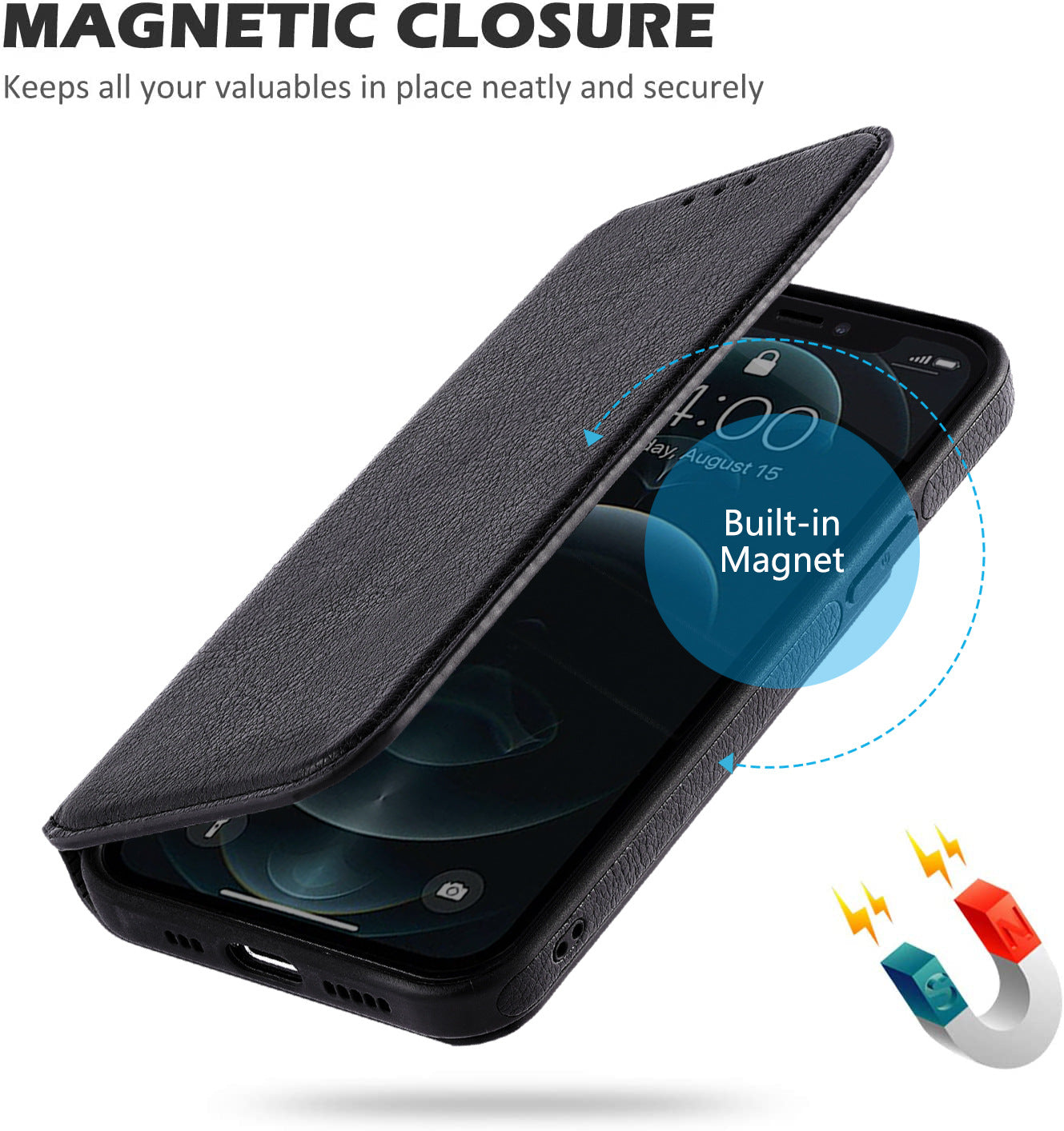 iPhone Hülle - Eleganz Kunstleder Tasche Case - Schwarz